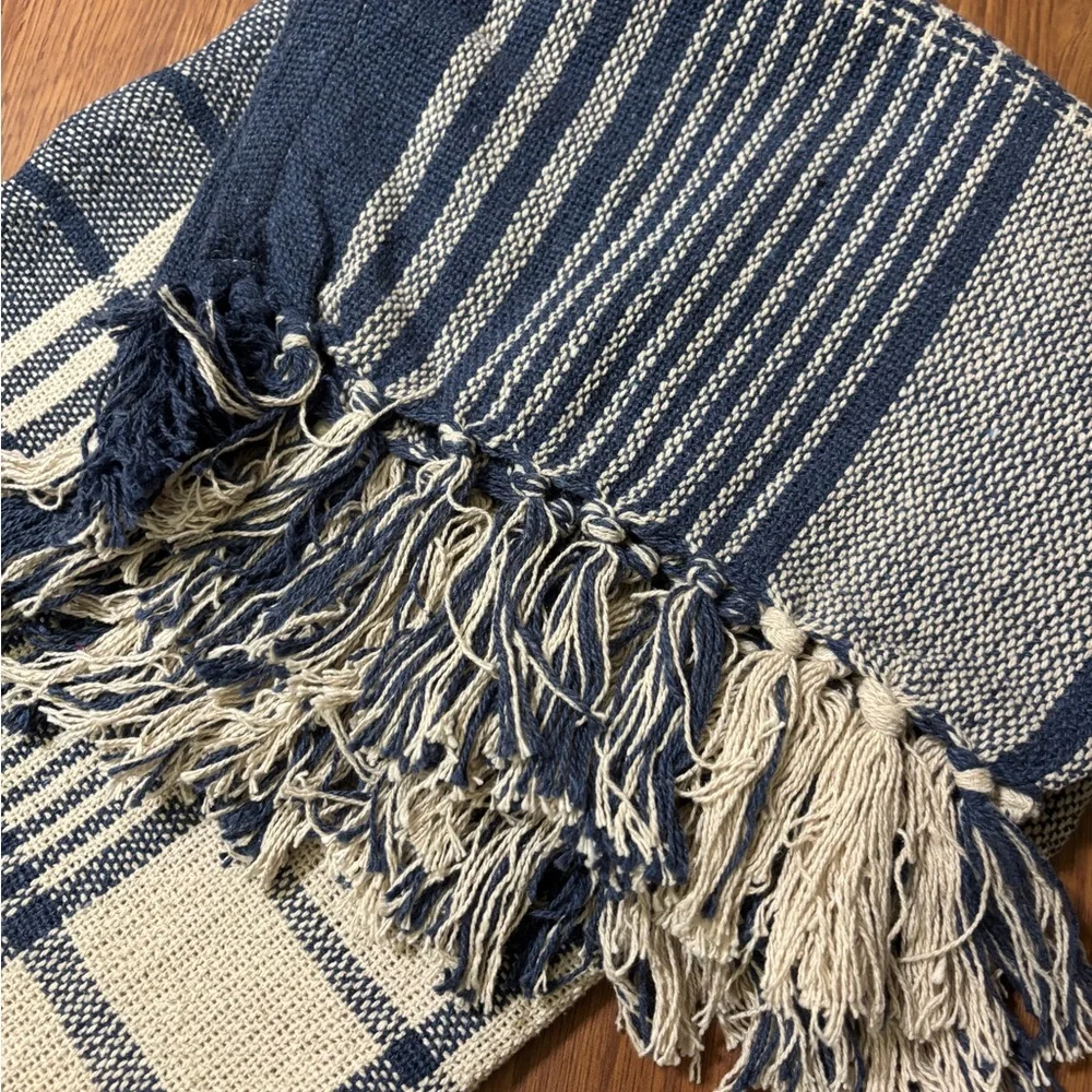 Navy Woven Plaid Checker Throw with Fringe 50x60